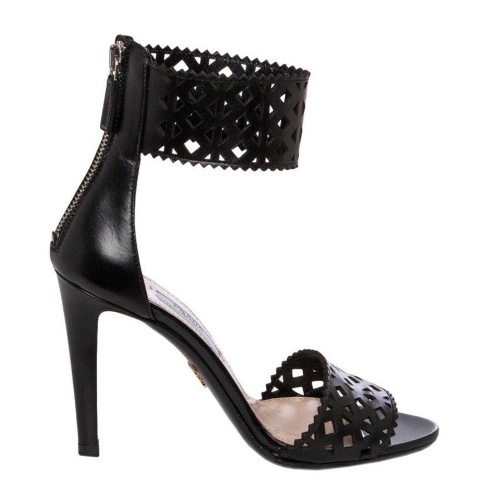 Prada Leather Cuff Cut Out Zip Pump Heel Sandals